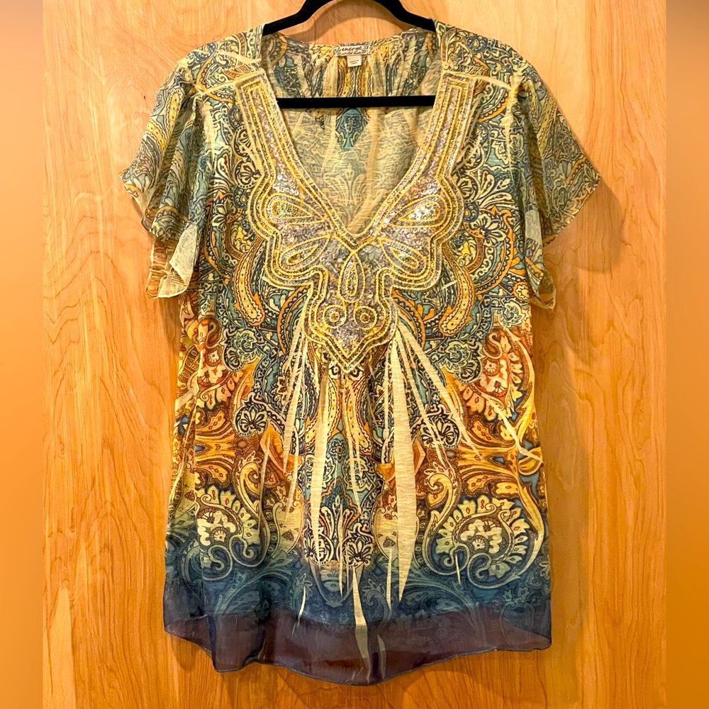 Energie Blue and Gold Paisley Tunic Top